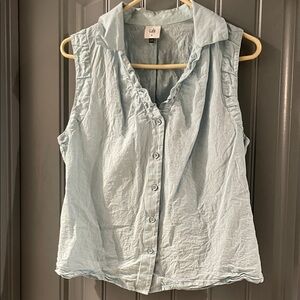 CAbi Pale Blue Sleeveless Button-Front Ruffle Collar Blouse